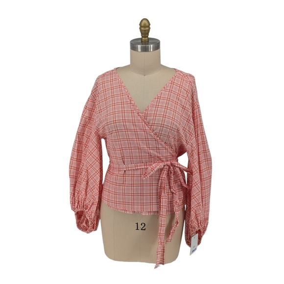 00606 Michael Kors Plaid Balloon Sleeve Wrap Top Red White L bohemian preppy - Picture 1 of 8